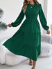 Women's Spring Vacation Solid Color Round Neck Long Sleeve Midi Dress with Ruffled Waist