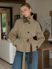Women Cropped Trench Coat Faux Leather Spliced Epaulets Belted Waist Loose Fit Khaki Short Jacket Vintage Ladies Outerwear