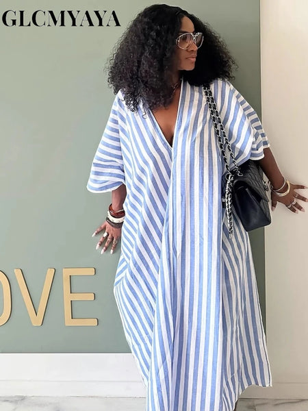 Fall Holiday Half Sleeve Striped Print V-Neck Loose Long Dress Street Africa Women Party Vestidos Dresses Vestidos