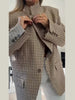 Turtleneck Short Checkered Coat Women Double Breasted Long Sleeve Outerwear Autumn Lady Daily Casual Jacket