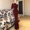 Spring Women Sexy Slim Fit Thin Dress Lady Comfortable High Neck Long Sleeve Dress Female Chic Evening Wine Red Maxi Dress