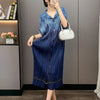 Pleated Faux Denim Dress Women's Chic Single Breasted Lapel Half Sleeve Mid-Length Dresses Loose Casual 2DB4371