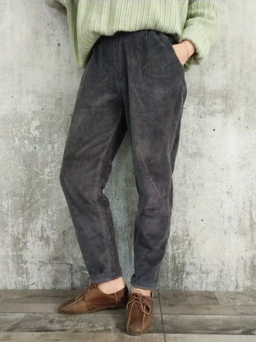 Corduroy Pants For Women Elastic Waist Solid Color Trouser Spring Women Cloths Pockets Casual Pants