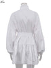 Elegant White Cotton Women's Dress Casual Ruffled Collar Long Sleeve Single Breasted Dresses Lace-Up Mini Dresses