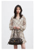 Women Dresses V Neck Loose Casual A Line Lace Up Long Sleeved Plaid Dress Puff Sleeve Spring Autumn
