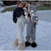 Women Color Block Spliced Ski Set Fleece Lined Stand Collar Zip Jacket Multi‑Pocket Wide Leg Trousers Winter Outfit