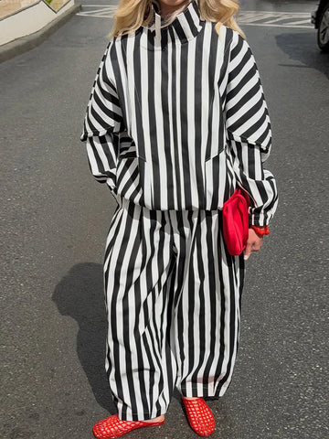 Vertical Stripe Two Piece Outfit Stand Collar Zip Up Jacket Elastic Waist Wide Leg Pants Loose Women Casual High Street Set