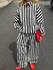 Vertical Stripe Two Piece Outfit Stand Collar Zip Up Jacket Elastic Waist Wide Leg Pants Loose Women Casual High Street Set