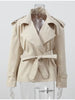 Solid Lace Up Short Windbreaker Women Elegant Full Sleeve Button Loose Chic Trench Coat Office Lady Daily Commute Outwear