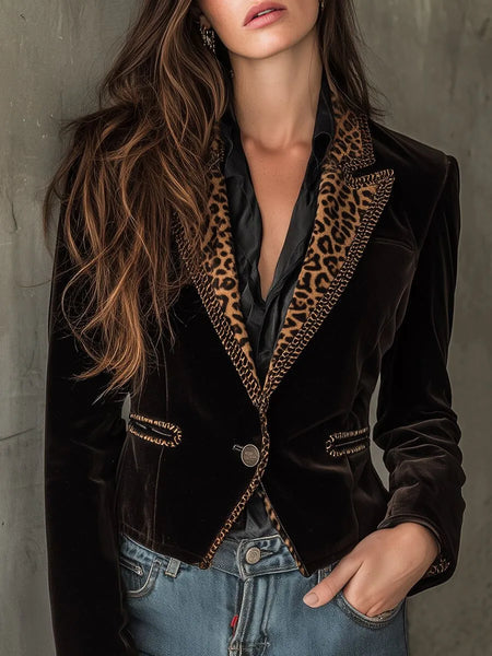 Nothched Collar Leopard Jacket for Women's Autumn Single Button Slim Velvet Vintage Elegant Office Lady Short Coat