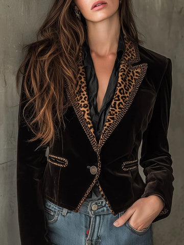 Nothched Collar Leopard Jacket for Women's Autumn Single Button Slim Velvet Vintage Elegant Office Lady Short Coat