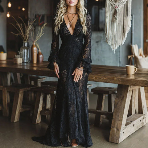 Sexy V Neck High Waist Lace Embroidery Dress Woman Chic Hollow Out Jacquard Long Dress Autumn Flare Sleeve Crochet Party Dresses