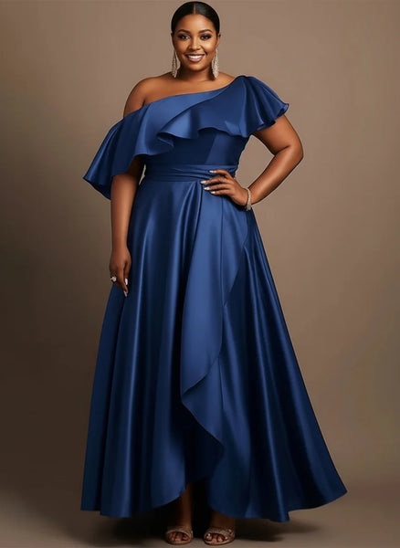 Plus Size One Shoulder Ruffled Satin Evening Gown Elegant High Low Maxi Dress for Women Formal Wedding Party Prom Cocktail Dress