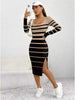 Women's Casual Maxi Dress Striped Color-Block Square Neck Long Sleeve Waist Cinched Skirt with Slit Comfortable Long Skirt
