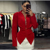 Pleated Waist Cinching Blazer Coat Women Chic Deep V-neck Full-sleeve Single Breasted Slim Coats Lady Commute Jacket
