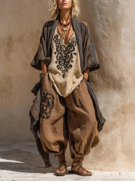V-neck Top + Shawl + Pants Suit Vintage Pattern Printed Spring Three Piece Set Casual Breathable Loose Women's Outfit