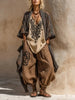 V-neck Top + Shawl + Pants Suit Vintage Pattern Printed Spring Three Piece Set Casual Breathable Loose Women's Outfit