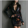 Womens Long Sleeve Velvet Floral Print Lace Trim Deep V Bodycon Mini Dress