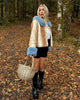 Deer Print Faux Fur Cropped Jacket Women Blue Contrast Lapel Cuff Button Up Fluffy Warm Coat Winter Casual Street Outwear