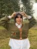 Women Fox Embroidery Cropped Knit Cardigan V Neck Contrast Scallop Trim Pocket Long Sleeve Coat Vintage Cottagecore Sweater