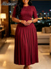 Women's Elegant Pleated Maxi Dress Burgundy O Neck Half Sleeve Fold Flowy A-Line Skirt for Church Weddings Formal Event