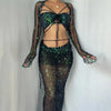 Sexy Sequined Knitted Sweater Party Dresses 3 Piece Skirt Sets Womens Outfits Flare Long Sleeve See Through Clue Wear Dress