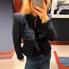 Green Stand Collar Napoleon Cropped Jacket Women Full Sleeve Shoulder Pad Jackets Spring Lady Street Outwear