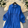 Spring Vintage Loose Dresses Women Lantern Sleeve Turn-down Collar Solid Single Breasted Casual Folds Long Dress