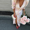 Elegant Ruffle Women's Long Dresses V Neck Half Sleeve Button Waist Cinching Pleated Dress Spring Lady Party Robes
