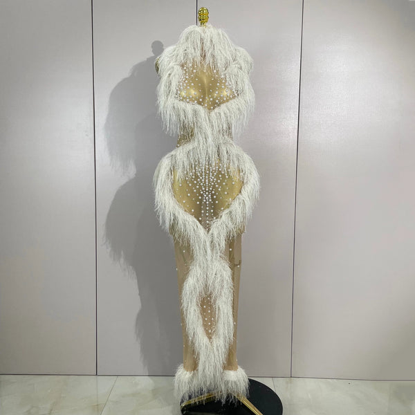 Sparkly Pearl Tassel Mesh See Through Long Dress Women Sexy Birthday Prom Party Nightclub Singer Stage Costume