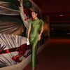 Olive Green Satin Maxi Dress Women Elegant Shawl Design Lace Trim Asymmetrical Hem Ruched Bodycon Formal Dinner Gown
