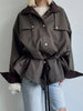 Autumn Chic Women Short Trench Jacket Stand Collar Drawstring Waist Cinching Long Sleeve Zipper Casual Outerwear Coat