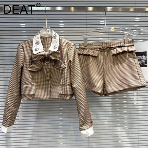 Autumn Women's Two-pieces Set Bow Tie Scarf Plaid Short Jacket Casual Versatile Belt Shorts Sets Female 11A06528