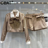 Autumn Women's Two-pieces Set Bow Tie Scarf Plaid Short Jacket Casual Versatile Belt Shorts Sets Female 11A06528