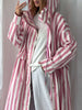 Striped Hooded Long Trench Coat Drawstring Waist Open Front Spring Women Glam Outerwear Warm Casual Lady Windbreaker Jacket