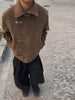 Brown Suede Toggle Coat For Women Casual Lapel Long Sleeve Gold Buckle Cropped Jacket Lady Spring Chic Streetwear