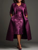 Women Plus Size Satin Midi-Length Jacket Two‑Piece Set Elegant Lapel Long Coat With Lace V‑Neck Midi Party Evening Dresses Sets