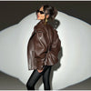 Solid PU Leather Jacket Women Turn-down Collar Zipper Front Puffy Sleeves Stylish Coat Spring Casual Lady Outerwear