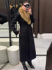 Elegant Faux Fur Wool Long Coat Women Solid Full Sleeve Lapel Patchwork Waist-closed Slim Coats Female Winter Outwear
