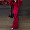Vintage High Waisted Women Satin Long Dress Ladies Temperament Crew Collar Dresses Elegant Slim Long Sleeve Banquet Dresses