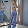 Women Streetwear Cutout Hollow Out Criss Cross Side Wide Leg Blue Denim Pants Sexy Party Jeans Trousers
