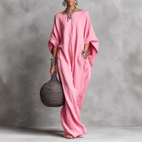 Women's European and American Retro Solid Color Elegant Long-Sleeved Off-the-Shoulder Long Leisure Dress in White