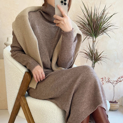 Autumn Winter Sweater Dress Women Japanese y2k Turtleneck Long Sleeve Thicken Loose Knitted Long Dresses