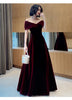 Spring Long Elegant Wine Red Soft Velvet Evening Party Wedding Dresses for Women Off Shoulder Maxi Dress