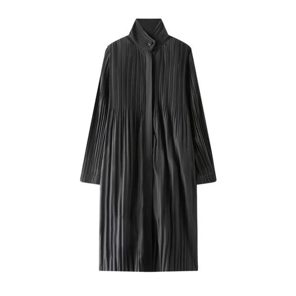 Black Pleated Stand Collar Longline Coat, Lightweight Wrinkle-Resistant Women's Casual Daily Office Commute Travel Outerwear