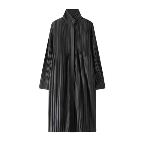 Black Pleated Stand Collar Longline Coat, Lightweight Wrinkle-Resistant Women's Casual Daily Office Commute Travel Outerwear
