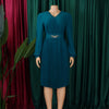 Elegant Dresses Woman V Neck Full Sleeve Pleated Mid Calf Belt Waisted African Female Birthday Party Dress