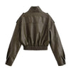 Winter Faux Leather Bomber Jacket Women Short Zipper Front Lapel Outerwear Multiple Pockets Warm Jackets