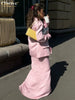 Loose Pink Satin Women's Two Pieces Set Elegant Long Sleeve Blazer With High Waist Maxi Skirt Set Female