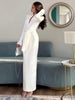 Office Style Dress Women Shoulder Padded Zip Wrapped Bandage Full Sleeve Splits Elegant Solid Simple Long Bodycon